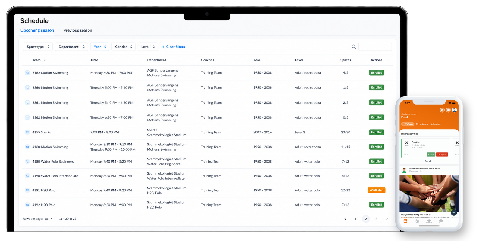 SportMember shown on a laptop web admin and the club app on a phone
